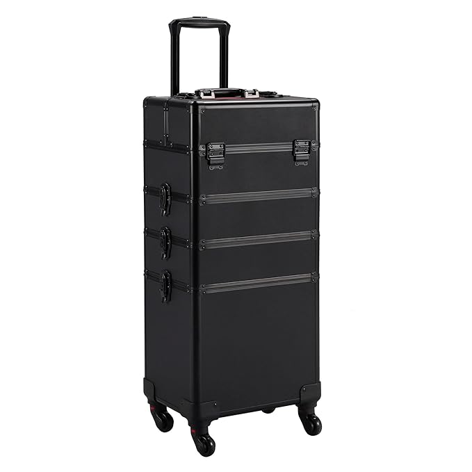 Yaheetech 4 in 1 Professional Makeup Train Case Aluminum Cosmetic Case Rolling Makeup Case Extra Large Trolley Makeup Travel Organizer, with 360° Swivel Wheels, Black