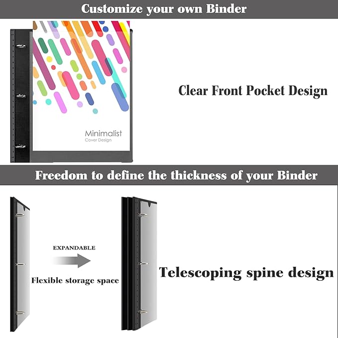 INFUN 1 Inch Telescoping Project Organizer Binder-2PCS,13 Pocket, Customizable Front Cover, 5 Colors Pocket Divider and Plastic Binder Pocket，225 Sheet Capacity-Black
