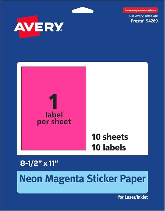 Avery Printable Sticker Paper, 8-1/2" x 11", Full-Sheet Labels, Neon Magenta Labels, Laser/Inkjet Printable, 10 Total, Great for Packaging and Stickers