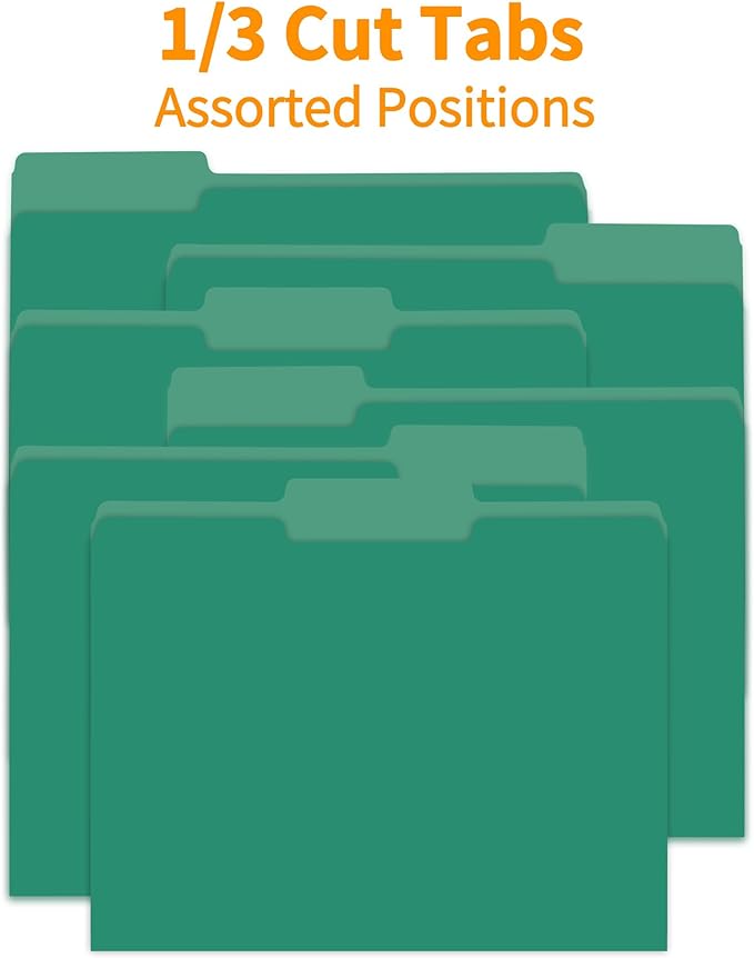 100 Packs File Folders,Green Folder,1/3-Cut Tabs,File Folders Letter Size,8.5x11 Inch File Folder for Office,School and Home,Organizer Documents