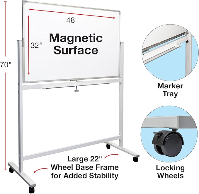 Excello Global Products Large 48"x32" White Board on Wheels: 1 Reversible Magnetic Dry Erase Board with Rolling Stand, 4 Dry Erase Markers, 1 Eraser, 4 Magnets, 1 Marker Tray (White)