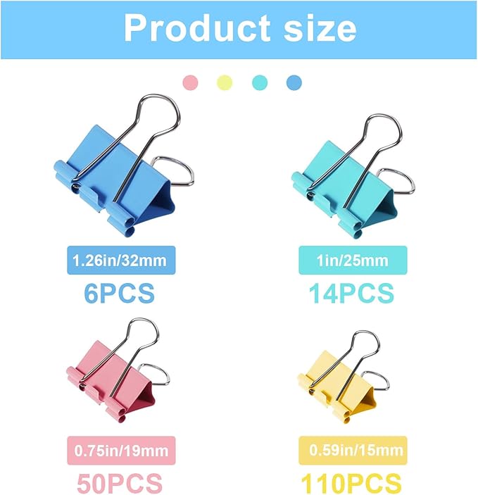 180 Pcs Binder Clips Assorted Sizes, Colored Binder Paper Clips Office Clips Office Supplies, 4 Sizes Cute Binder Clips Large Medium Small Paper Clips Paper Clamps for Home School Business (Colored)