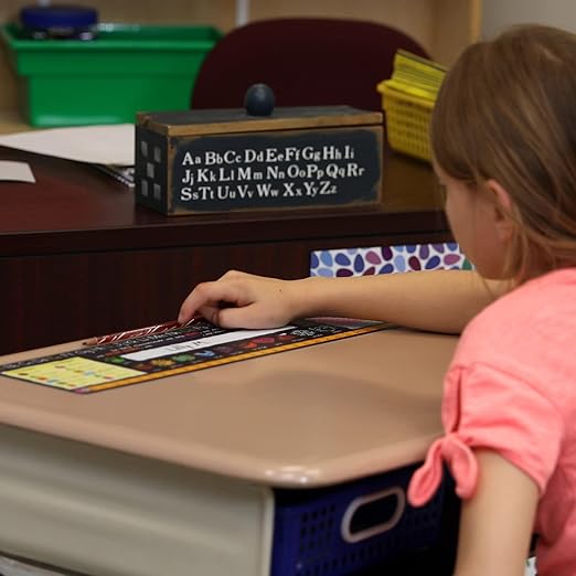 Really Good Stuff 24PK Chalkboard-Style Grades K-2 Self-Adhesive Deluxe Plastic Desktop Reference Nameplate with a Number Line, Alphabet Letters, 2-D and 3-D Shapes, Colors, Left and Right, 120 Grid