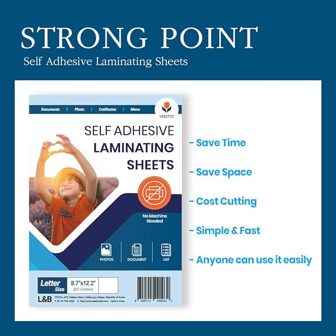 Self Adhesive Laminating Sheets 12.3x17.1 inch, 50 Pack, 4mil Thickness, No-Machine Needed, QuickPeel, Instashield, Stick&GO (50 Sheets, Letter Size 4mil)