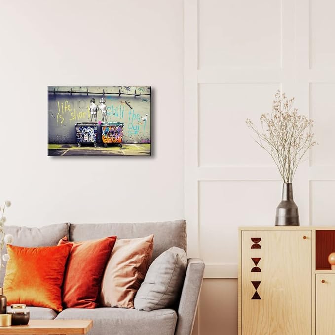 Wieco Art Gallery Wrapped Canvas Prints Life is Short Chill the Duck Out Banksy Boys Artwork Reproduction Graffiti Poster Print on Canvas Wall Art for Bedroom Home Office Decorations