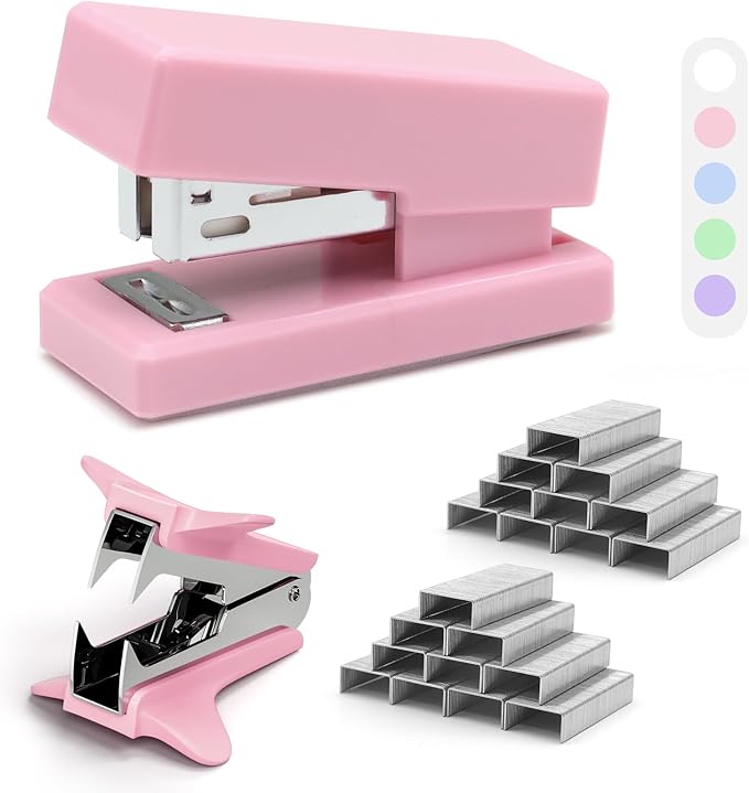 Pink Mini Stapler with Staples, Portable Office Supplies Set with Small Stapler, Staple Remover and 2,000 Staples, Cute Mini Stapler for Desk, School, Office & Home Desk Essentials