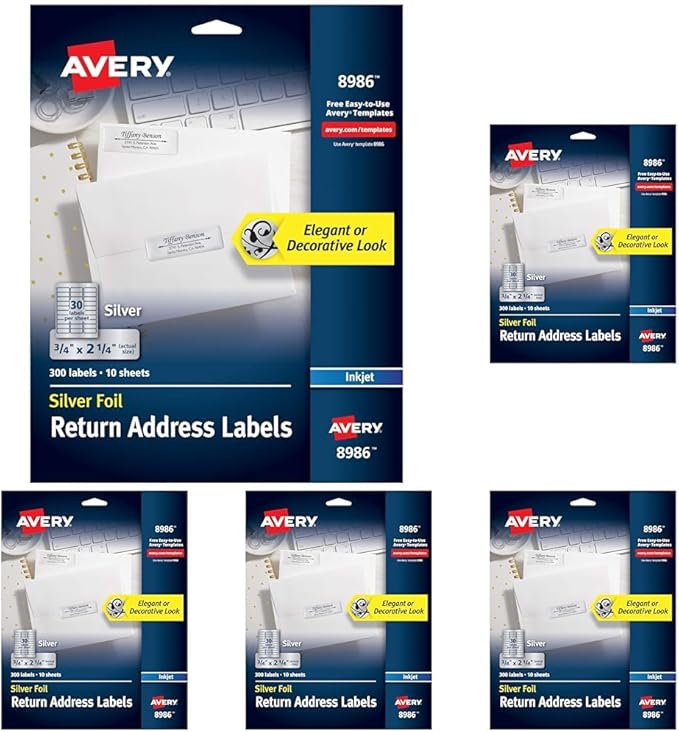 Avery Printable Return Address Labels, 0.75" x 2.25", Silver Foil, 300 Blank Mailing Labels (08986) (Pack of 5)