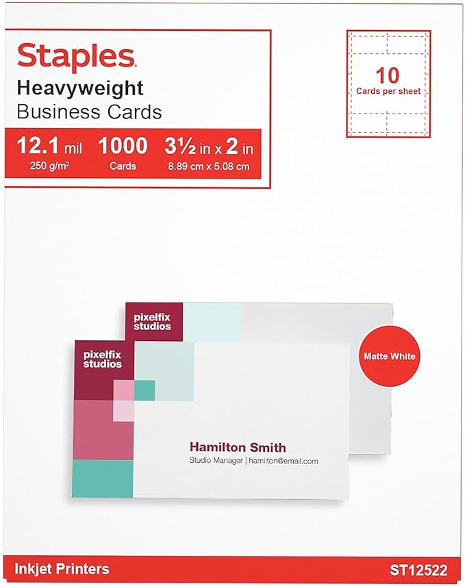 Staples Inkjet Business Cards, Matte White, 3.5 x 2 Inch, Heavyweight Cardstock, Printable Business Card Paper, Compatible with Inkjet Printers and Avery Templates, 1000 Cards