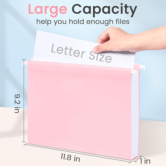 Sooez Tear-Resistant Plastic Hanging File Folders Letter Size, 6 Count File Organizer Suitable for File Cabinet Filing Cabinets, 1/6-cut Adjustable Tabs for Office, School, Pastels Colors, Pink