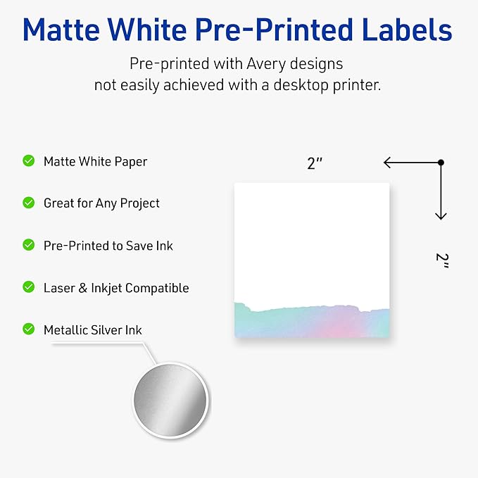 Avery Printable Square Labels with Sure Feed Technology, Pre-Printed Iridescent Watercolors Design, Matte White, 2" x 2", Laser & Inkjet Compatible, 120 Total