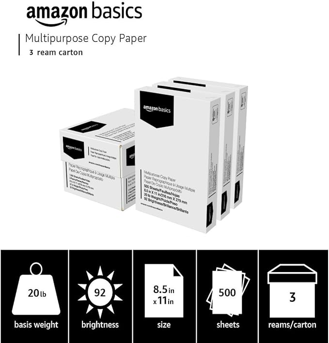 Amazon Basics Multipurpose Copy Printer Paper, 20 lb, 8.5 x 11 Inches, 3 Reams (1,500 Sheets), 92 Bright White for Home Use