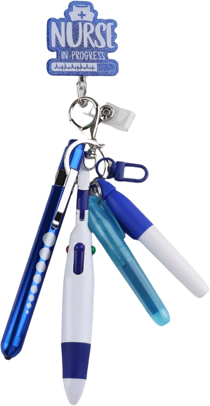Student Nurse Pen Set Badge Reel Holder Accessories Clip, Retractable Mini Nursing Pen & Light Tool Set， Highlighter pens（Blue） and Highlighter pens