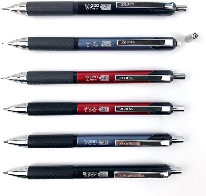 Zebra Pen M-350 Mechanical Pencil, Space Black Premium Metal Barrel, Medium Point, 0.7mm, 2-Pack with Lead and Eraser Refills