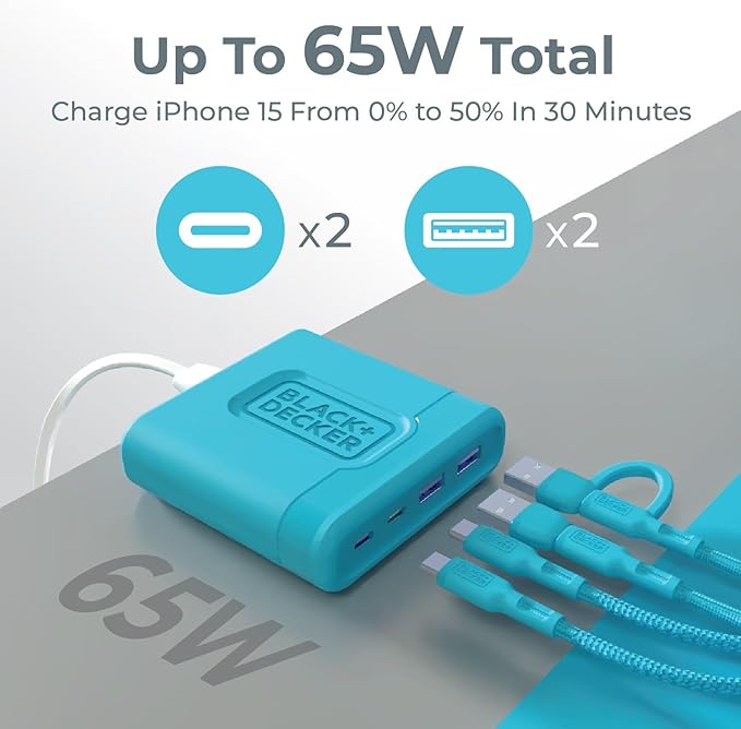 BLACK+DECKER USB C Fast Charger 65W 4 Port Type USB C Charging Station Hub Block TypeC Wall Charger Power Strip Adapter Plug 2 USBC 2 USBA for iPad iPhone 17 16 15 14 Pro Max Pixel Note Galaxy, Blue
