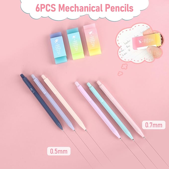 42PCS Aesthetic School Supplies with Large Pencil Case, 12 Pastel Highlighters,6 Black Ink Gel Pens,6 Cute Mechanical Pencils Set 0.5 & 0.7 mm for Students Stationary College Essentials(Pink)