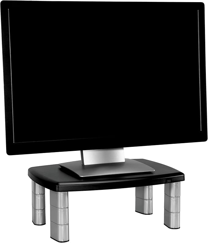 3M Adjustable Monitor Stand, Three Leg Segments Simply Adjust Height from 1" to 5 7/8", Sturdy Platform Holds Up to 80 lbs, 11-inch Space Between Columns for Storage, Silver/Black (MS80B)