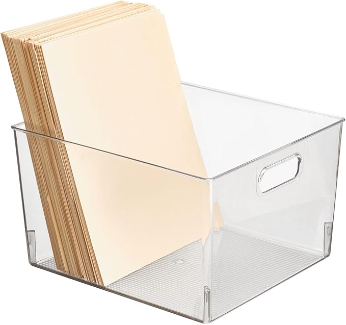 mDesign Large Plastic Office Storage Organizer Container Bin with Handles - Basket for Cabinet, Cupboard, Desk, Closet and Shelf Organization - Holds Notebook, Books - Ligne Collection, 8 Pack, Clear