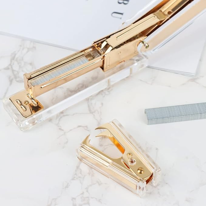 Gold Staple Remover Cute Clear Staples Remover Acrylic Body Steel Jaws Staple Puller Removal Tool for Dress Up Home Office School Desk Accessories Gift (Gold)