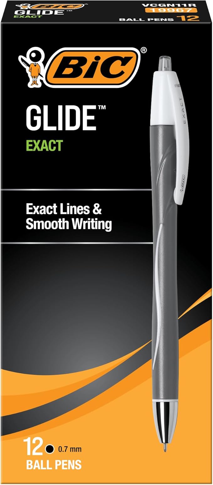 BIC Glide Exact Black Retractable Ballpoint Pens, Fine Point (0.7mm), 12-Count Pack, Ultra Smooth Writing Black Pens