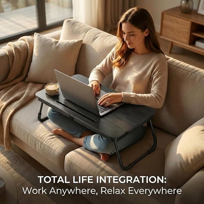 BUYIFY Foldable Laptop Bed Desk for Couch, Sofa - Large Lap Desk Tray Table with Cup Holder and Tablet Slot - Portable Notebook Stand for Eating, Writing, Studying and WFH -NEW-006