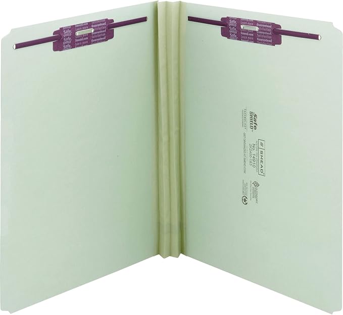Smead Pressboard Fastener File Folder with SafeSHIELD Fasteners, 2 Fasteners, Straight-Cut Tab, 2" Expansion, Letter Size, Gray/Green, 25 per Box (14910)