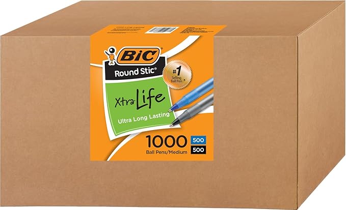 BIC Round Stic Xtra Life Ballpoint Pen, Medium Point 1.0 mm, 500 Black & 500 Blue Ink Pens, Bulk Pack of 1000