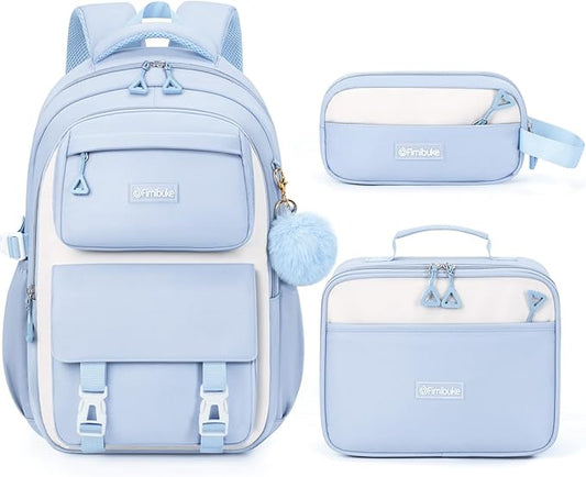 Fimibuke Backpacks for Girls, 3 PCS Waterproof School Backpack with Lunch Box & Pencil Pouch for Kids Teen Girl, Cute Bookbag School Bag for Elementary Middle High School Student Ages 6+(Blue)