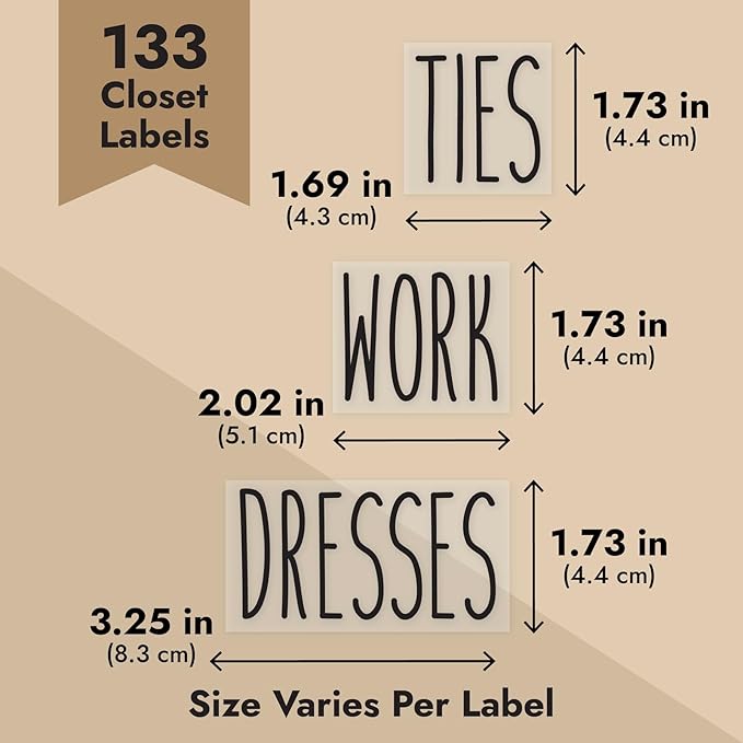Talented Kitchen Clothing Bin Labels - Water-Resistant Closet Organizer Labels - Preprinted All-Caps Clothing Storage Tags - Organized Closet Storage - 133 Pack, 1.75 x 1.5-3.25 in, White Vinyl