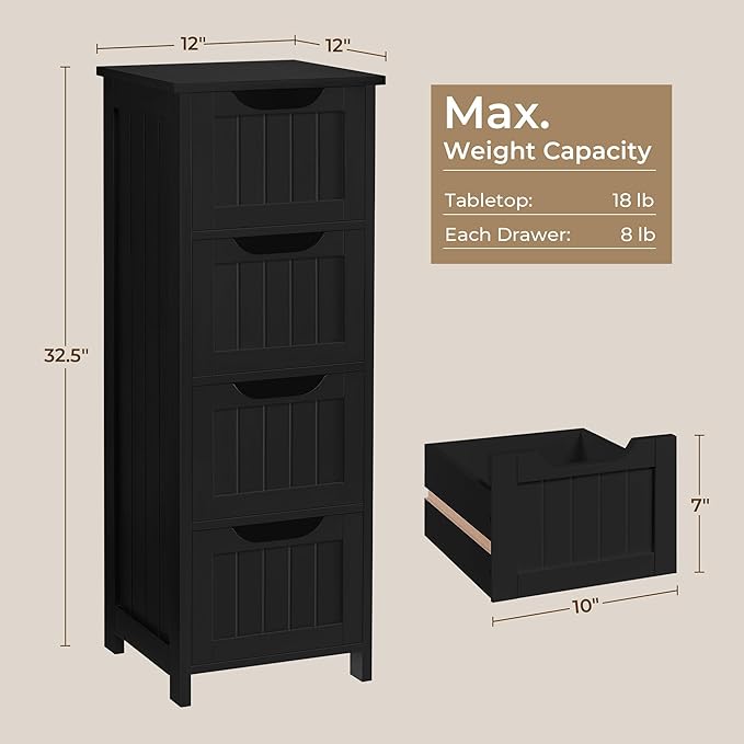 Yaheetech Bathroom Floor Cabinet, Wooden Side Storage Organizer, 4 Drawers Free-Standing Cabinet for Bathroom/Hallway/Living Room, Black
