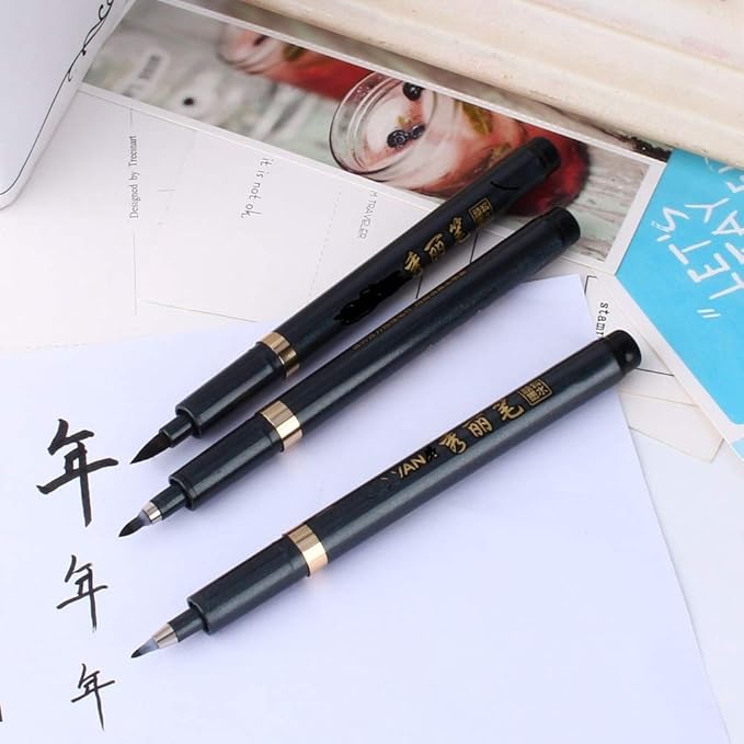 Maxmartt 3 Pcs Ink Pen Artist 3 Size Calligraphy Pen for Writing Drawing Chinese Japanese Calligraphy Shodo Brush Ink Pen Fineliner Pens Calligraphy Set for Beginners