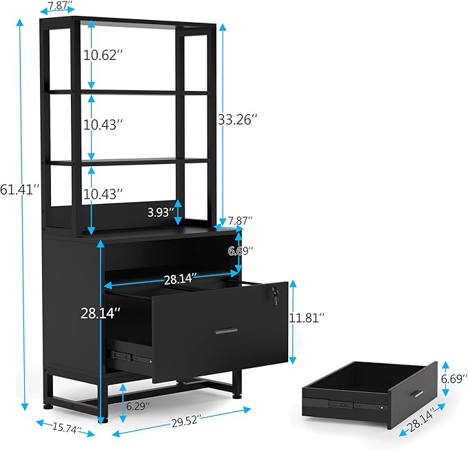Tribesigns 2 Drawer Vertical File Cabinet with Lock & Bookshelf, Letter Size Large Modern Filing Cabinet Printer Stand with Open Storage Shelves for Home Office, Black