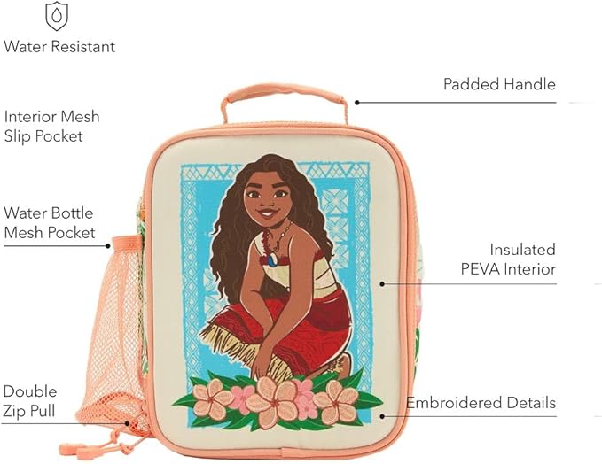 Disney Store Official Moana Insulated Lunch Box - Moana Lunch Bag for Kids with Double Zip Pull, Embroidered Details, Screen Art, Mesh Pocket, ID Label - Perfect for School