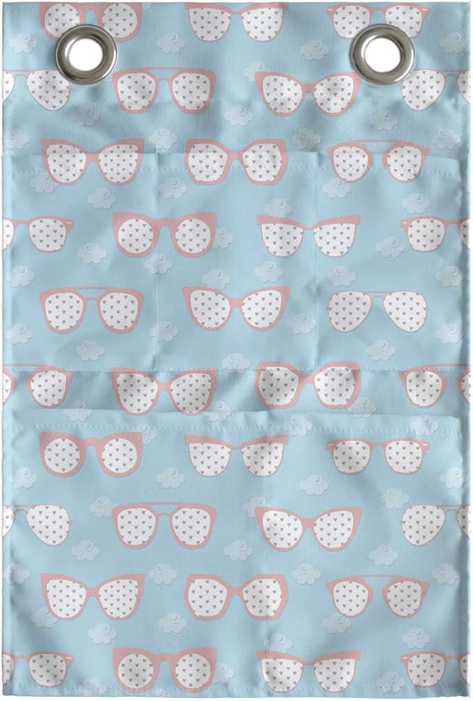 Ambesonne Pastel Hanging Pocket Organizer, Eyeglasses on a Background of Mini-Clouds, Printed Polyester Storage Bag with Pockets, 14" x 20", Blue Blush