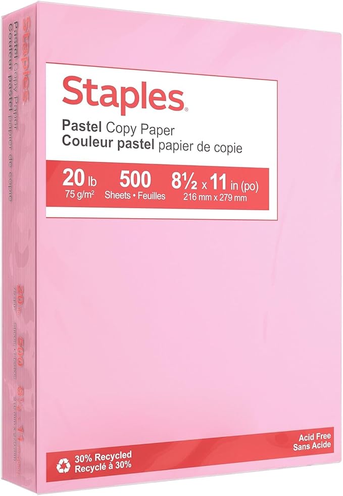 Staples Pastel Colored Copy Paper - 20 lbs, Pink, 8.5" x 11", Ream of 500 Sheets, Recycled, Acid-Free, Multipurpose Paper