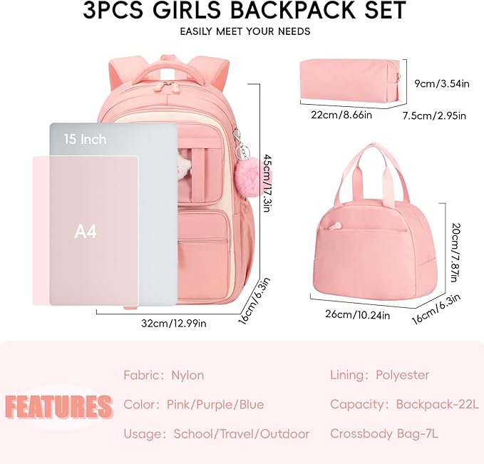 Girls Backpack with Lunch Box 3Pcs, Kawaii School Bag Set for Kid Elementary Middle School, Multi-Pocket Cute Laptop Bookbag Lightweight, Pink