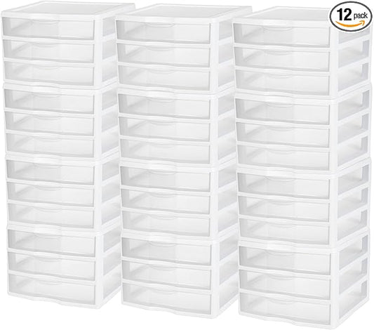 Sterilite 12-Pack Wide 3 Drawer Unit, Plastic Desktop Organizer with Clear Drawers, White Frame - Stackable Multi-Purpose Storage for Office Supplies, Craft Rooms, Classrooms and Home Organization