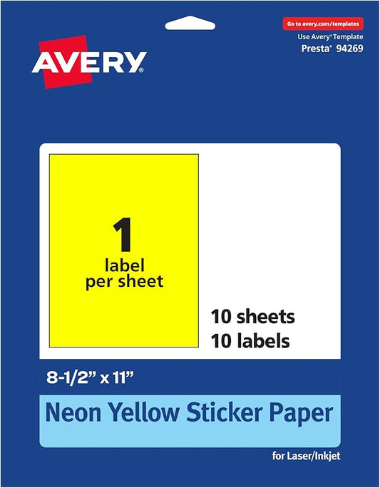 Avery Printable Sticker Paper, 8-1/2" x 11", Full-Sheet Labels, Neon Yellow Labels, Laser/Inkjet Printable, 10 Total, Great for Packaging and Stickers