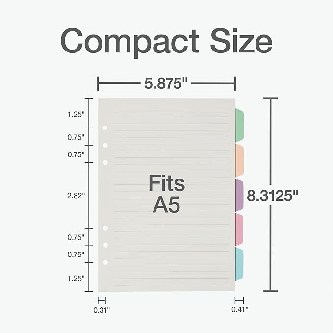 Oxford A5 Refill Paper, 6 Ring Lined Paper with Pastel Binder Dividers, 5 Tabs, 120 Sheets, 6 x 8.25 Inches, Notebook, Bullet Journal and Planner Inserts (1016731)