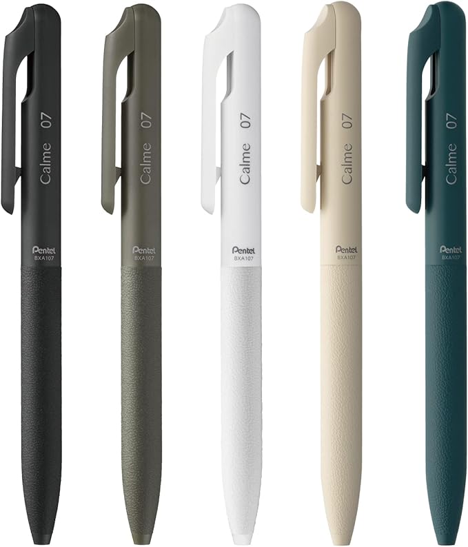 Pentel AMZ-BXA107-5 Calme Oil-Based Ballpoint Pen, 0.03 inches (0.7 mm), Black, Khaki, White, Beige, Turquoise, 5 Pieces