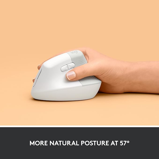 Logitech Lift Vertical Ergonomic Mouse, Wireless, Bluetooth or Logi Bolt USB Receiver, Quiet clicks, 4 Buttons, Compatible with Windows/macOS/iPadOS, Laptop, PC - Off White (Renewed)