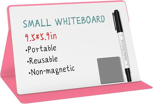 Portable Small White Board,Reusable Dry Erase Board with Stand,Desktop Whiteboard for Office Meeting Bussiness Home 9" x 6" with Marker, Wipe Cloth (Pink)