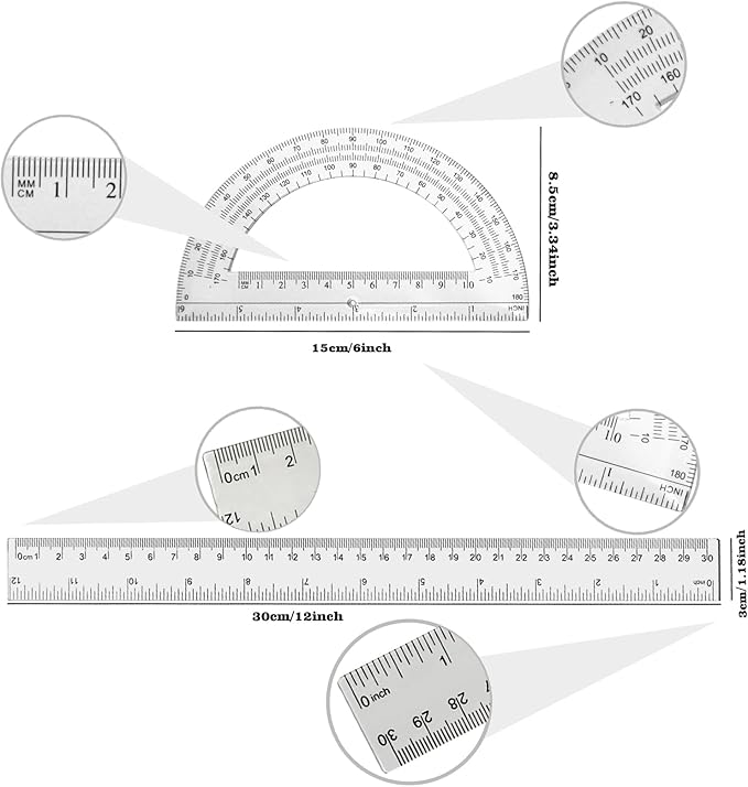 2 Packs 12 Inch Plastic Ruler and 6 Inch Plastic Protractor Set Clear Math Geometry Set Classroom Set Angle Detector School Supplies Classroom Ruler Home Office Drawings (Transparent)