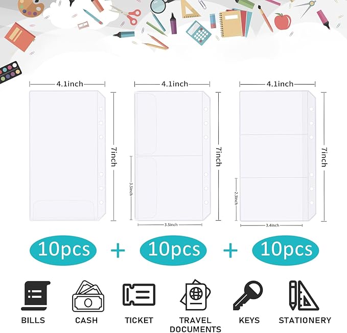 30pcs A6 Binder Pocket Set no Zipper Clear Budget Planner Inserts Bulk Budget Binder Organizer Cash Envelopes for Budgeting Waterproof PVC Loose Leaf Bags Card Sleeves for 6 Ring Notebook