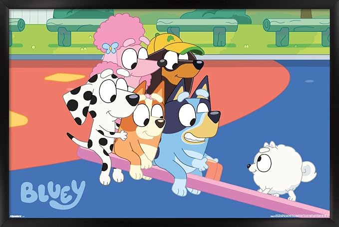 Bluey (2018) - Bluey and Friends See Saw Fun Wall Poster, 22.4L" x 14.7W", Black Framed Version