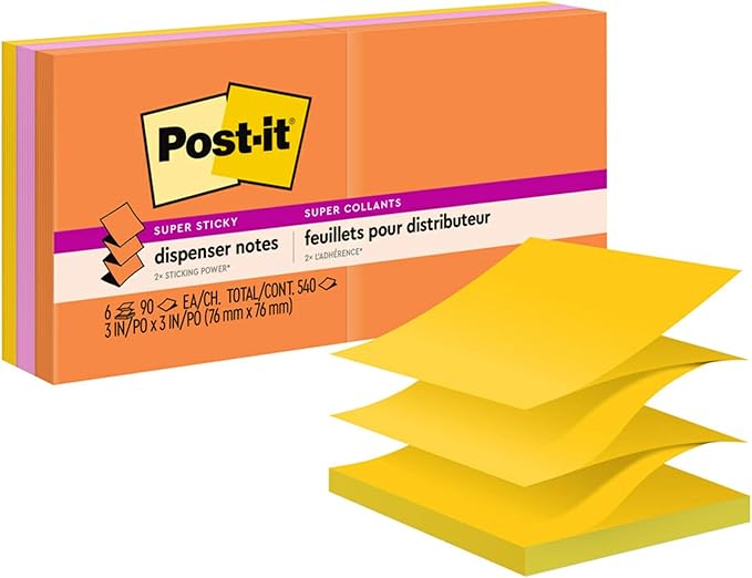 Post-it Super Sticky Pop-upNotes, 3x3 in, 6 Pads, 2X The Sticking Power, Energy Boost Collection, Bright Colors (Orange, Pink, Blue, Green),Recyclable (R330-6SSUC) (Pack of 12)