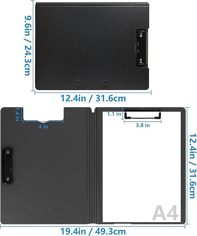 2 Pack Foldable Clipboards, A4 Office Clipboard Folder with Double Metal Clips, 360 Degree Foldable Binder Clipboard with Pen Holder, File Cover Work Folder Clipboards, Black