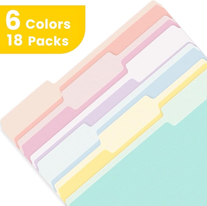 SUNEE File Folders, 18 Pack Manilla Folders 8.5 x 11, Colored File Folders Home Office School Supplies for Documents Files Paper, 6 Soft Colors