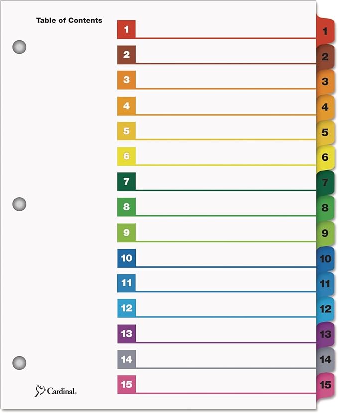 Cardinal 61518 Traditional OneStep Index System, 15-Tab, 1-15, Letter, Multicolor, 15/Set