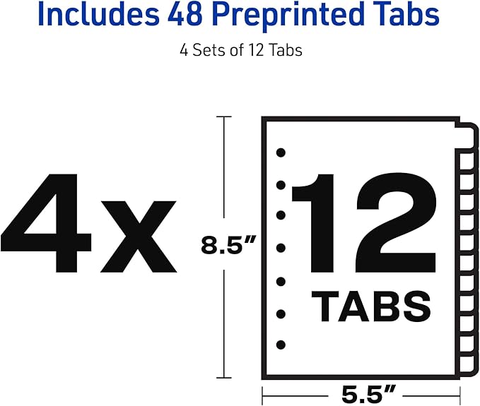 Avery A-Z Mini Dividers for 3 Ring Binders, 12 Tabs per Set, 8.5" x 5.5", Pre-Printed Tabs, 4 Binder Divider Sets, Great for Organizing Notes, Projects, Schedules, and More (43131)