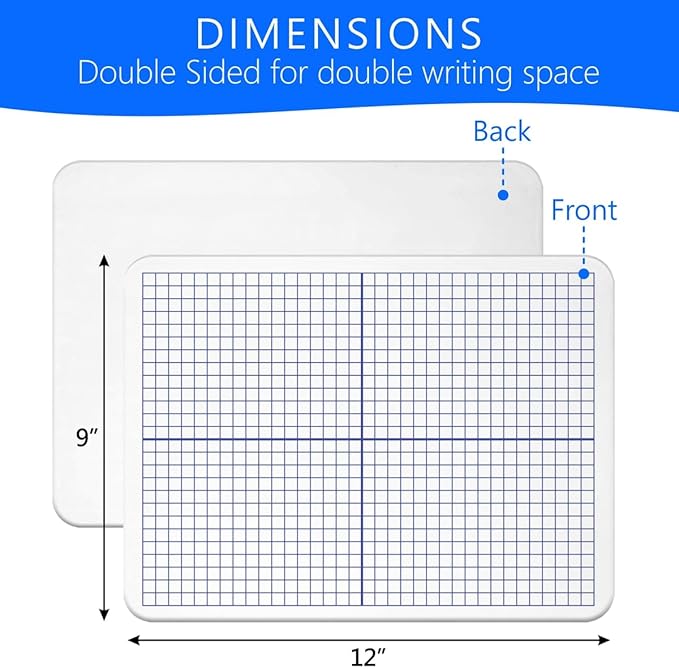 Grid Whiteboard, 9 x 12 Graph Board, 2 Pack Double Sided Dry Erase Board for Students and Kids